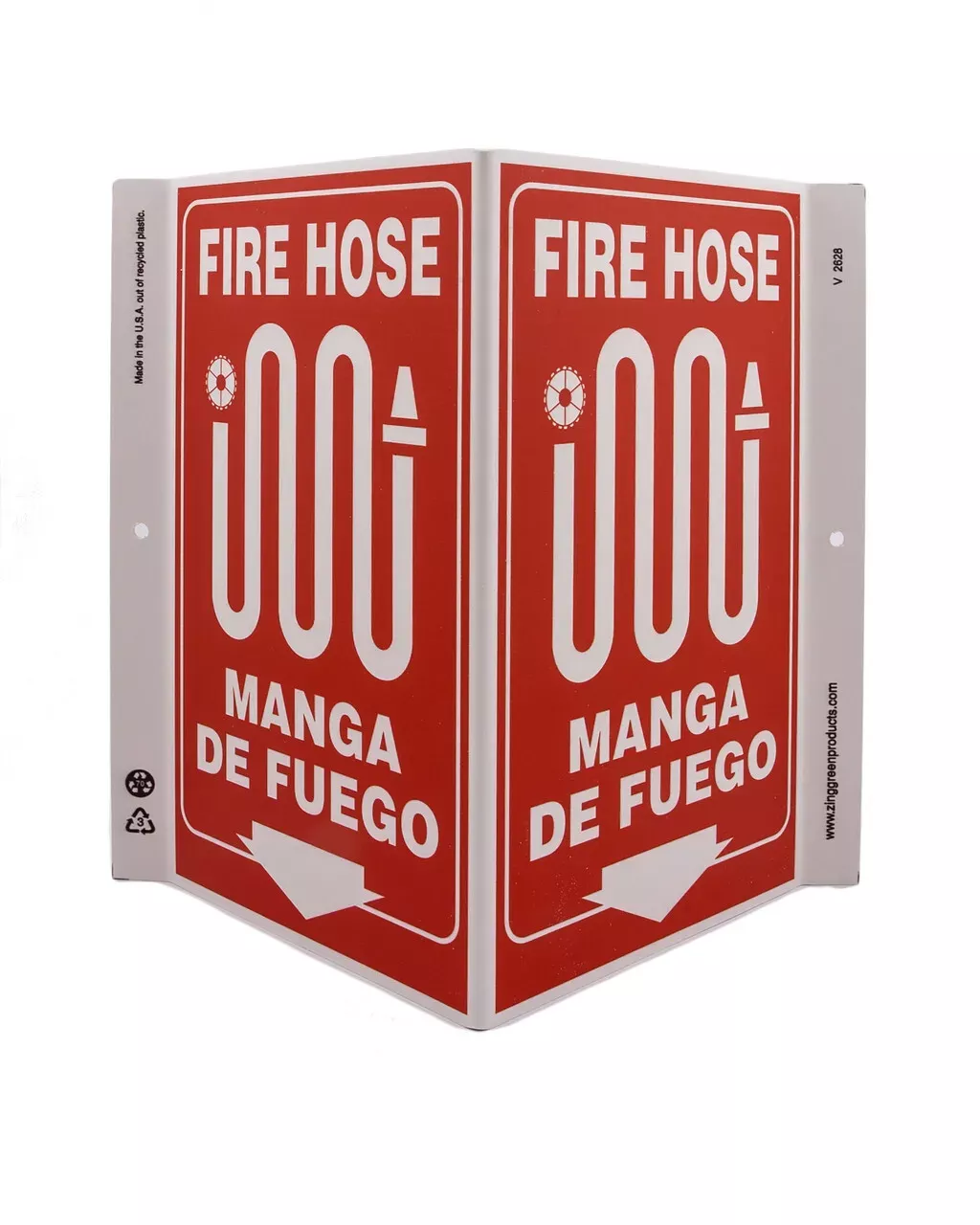 ZING 2628 Eco Safety V Sign, Fire Hose Bilingual, 11Hx7Wx5D, Recycled Plastic