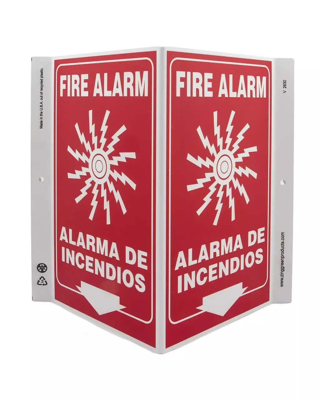 ZING 2630 Eco Safety V Sign, Fire Alarm Bilingual, 11Hx7Wx5D, Recycled Plastic