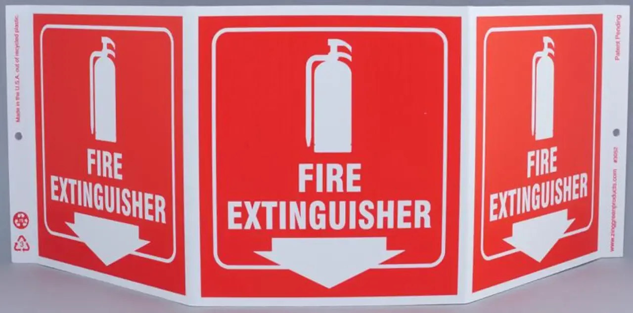 ZING 3052 Eco Safety Tri View Sign, Fire Extinguisher, 7.5Hx20W, Projects 5 Inches, Recycled Plastic