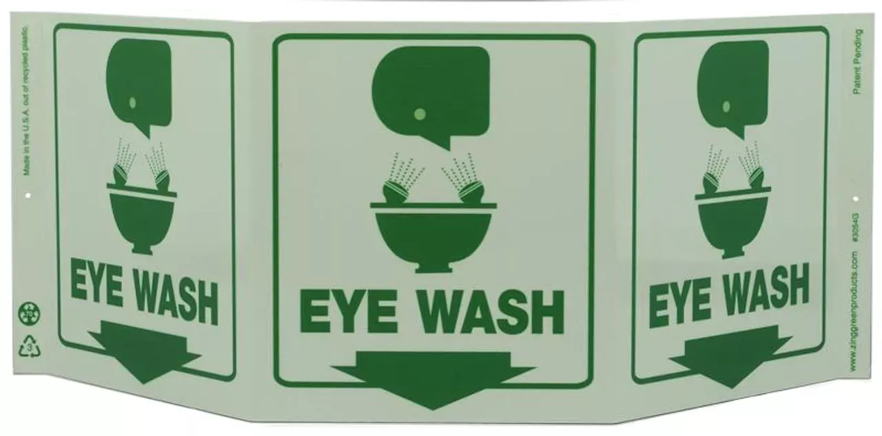 ZING 3054G Eco Safety Tri View Sign, Glow in the Dark, Eye Wash, 7.5Hx20W, Projects 5 Inches, Recycled Plastic