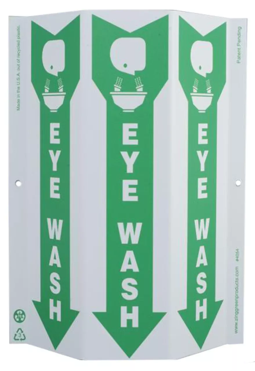 ZING 4054 Eco Safety Tri View Sign, Eye Wash, 12Hx9W, Projects 3 Inches, Recycled Plastic