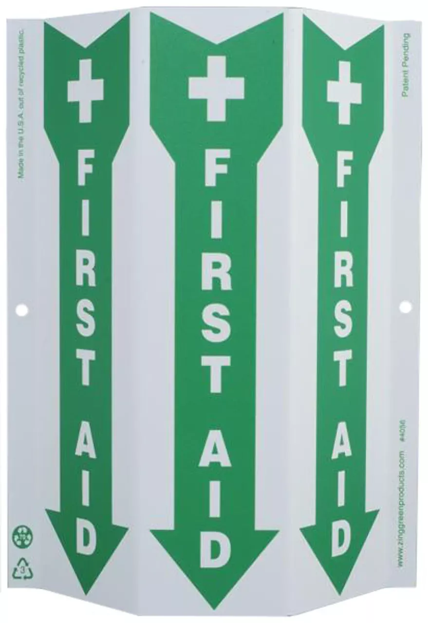 ZING 4056G Eco Safety Tri View Sign, Glow in the Dark, First Aid, 12Hx9W, Projects 3 Inches, Recycled Plastic